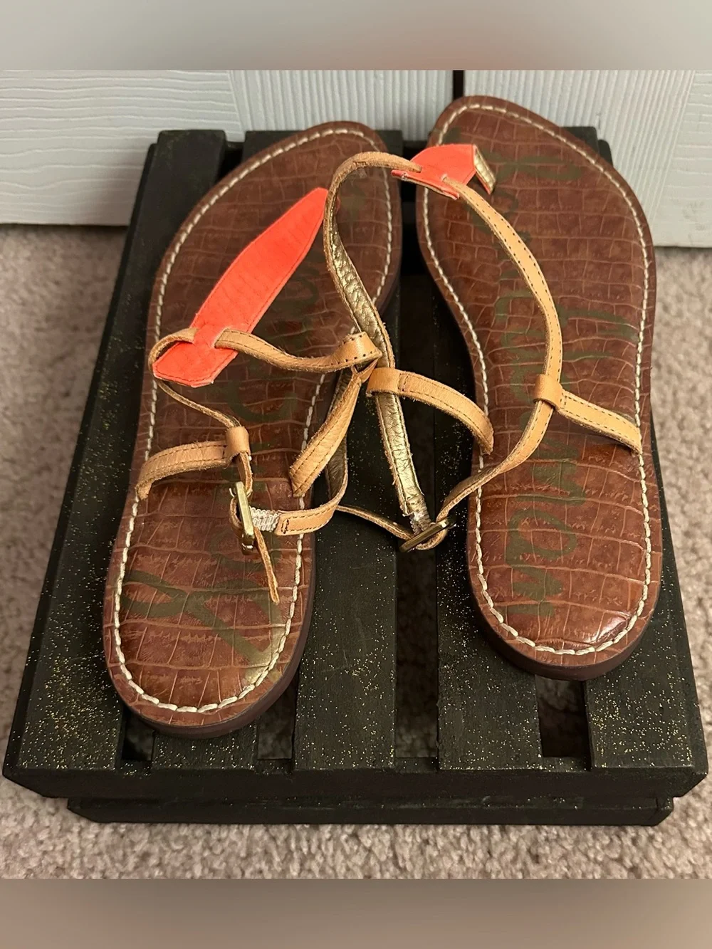 Sam Edelman Women's Orange and Tan T-Strap Sandals